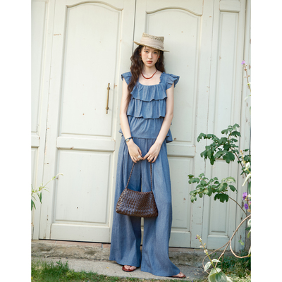 谜秀法式荷叶边小飞袖方领显瘦小衫高腰显瘦阔腿裤两件套装MXE39T0710