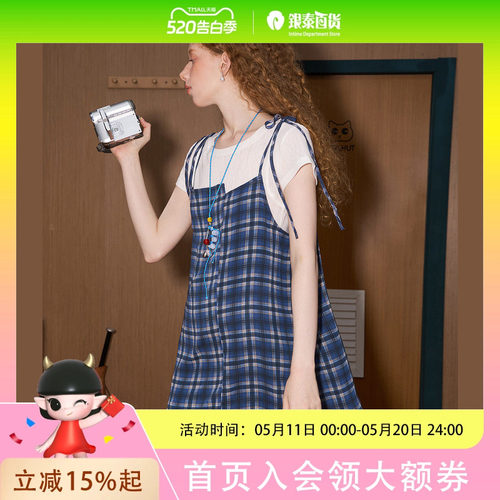 coolhut慵懒风格纹薄纱系绳吊带连衣裙夏女式背心小众不规则