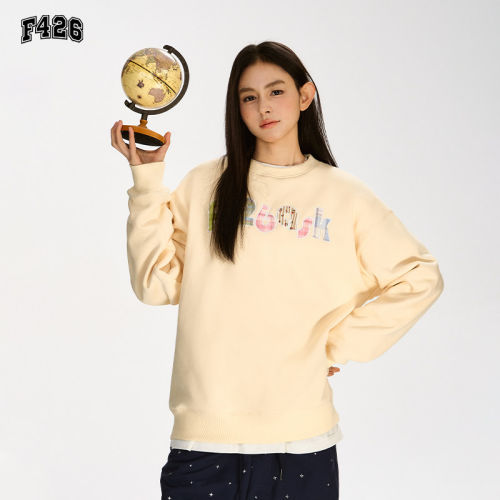 F426国潮牌春季情侣宽松休闲格子贴布绣圆领卫衣BDWY24AW-6350