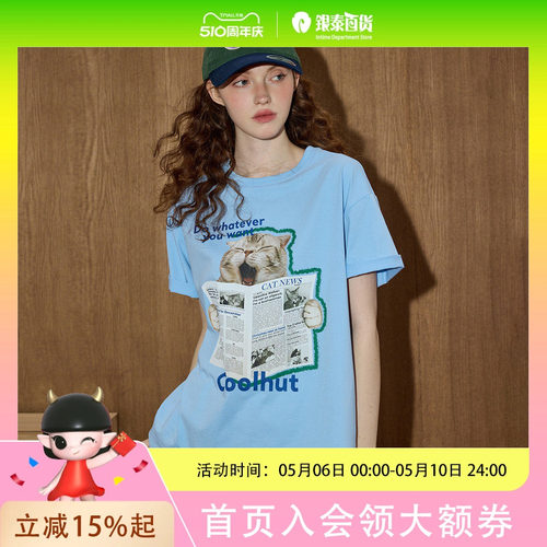 coolhut简约风报纸猫咪图案宽松短袖2025夏季女式T恤字母小众