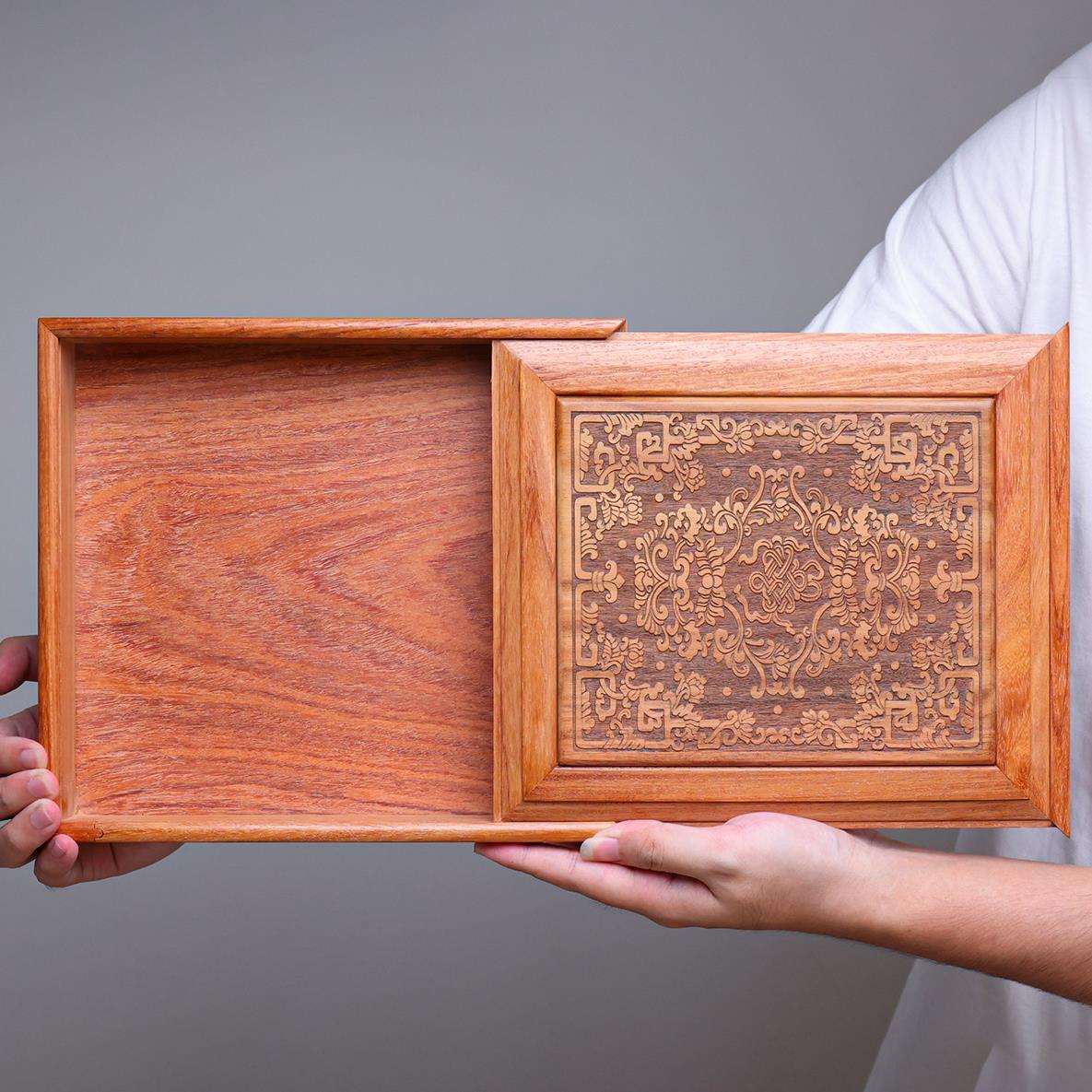 缅甸花梨雕花单层普洱茶茶盒茶具收纳盒茶叶盒摆件装饰品红木