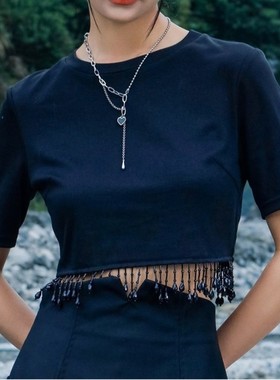 小众设计感流苏辣妹短袖t恤女夏复古黑色圆领针织上衣