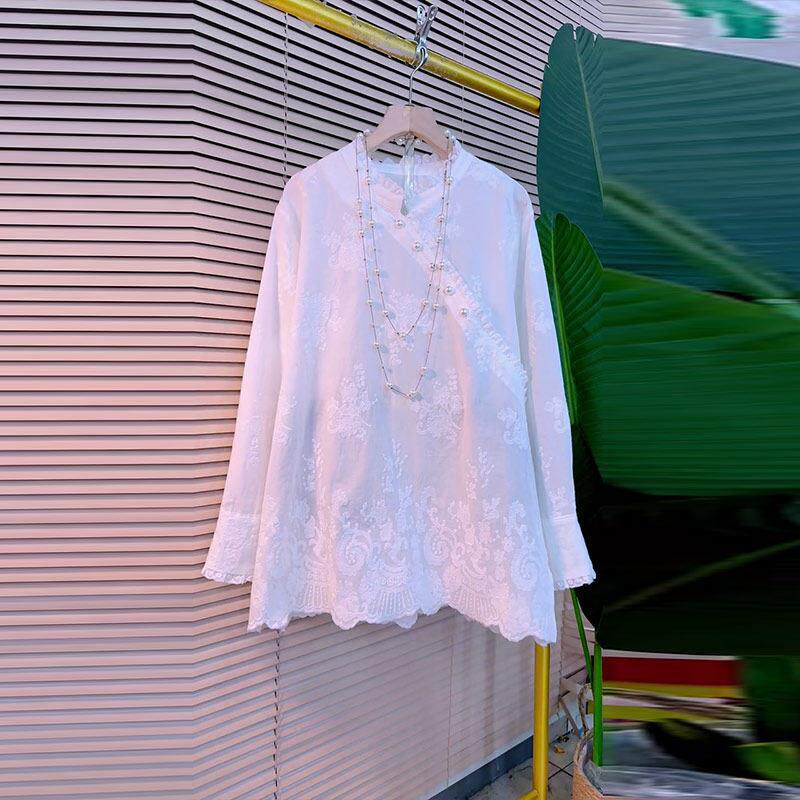 加肥女荷叶立领斜襟长袖暗花衬衫宽松遮肚子胖妹妹白色小清新上衣