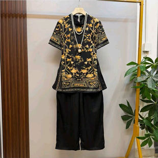 2026夏季新款复古新中式印花气质上衣百搭裤子两件套胖mm大尺码女