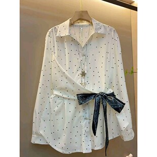 新款 女装 法式 大码 收腰显瘦上衣爆 气质丝巾高级感波点衬衫 2026春季