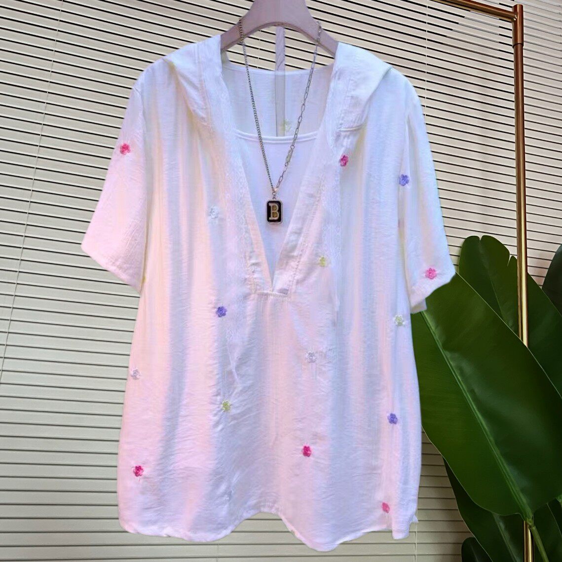 夏季宽松个性彩点连帽假两件时尚显瘦大码女装慵懒风休闲遮肉小衫