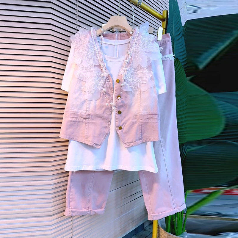 2026夏季新款大码女装时尚网纱花朵水洗牛仔马甲打底衫裤子三件套