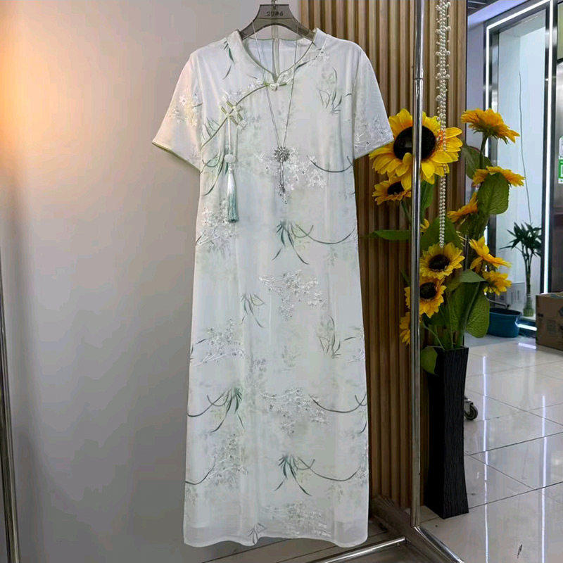 新中式雅致竹叶印花流苏短袖改良旗袍裙胖妹妹大尺码女装气质洋装