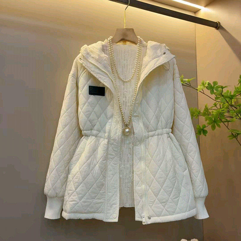 时尚大码女装菱格抽绳收腰棉服轻薄款胖MM显瘦秋冬新款宽松棉外套