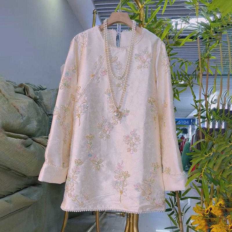 新中式重工亮片花钉珠长袖大衫春季新款胖妹妹大码女装国风上衣潮