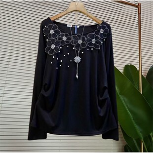 胖mm春季新品重工钉珠立体花朵长袖打底衫时尚百搭气质显瘦上衣