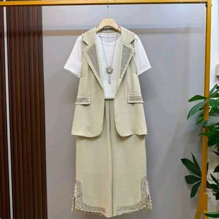 大尺码女装2026夏季新款欧货时尚烫钻西装背心打底衫休闲裤裤子套