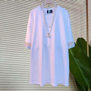 胖mm春季新品重工钉珠圆领中长简约T恤拼接刺绣高级感短袖上衣