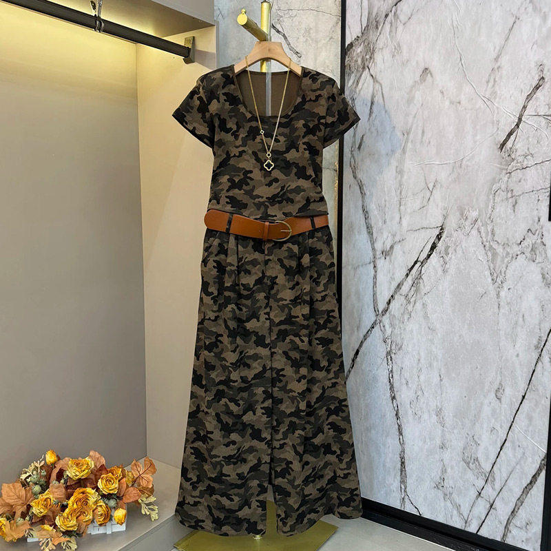 2026夏季新款时尚迷彩风短袖T恤显瘦长裤休闲套装胖妹妹大码女装