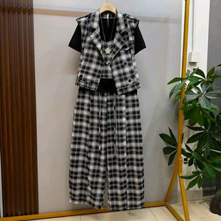 洋派减龄翻领格子马甲裤子胖妹妹百搭短袖打底衫夏季新款大尺码女