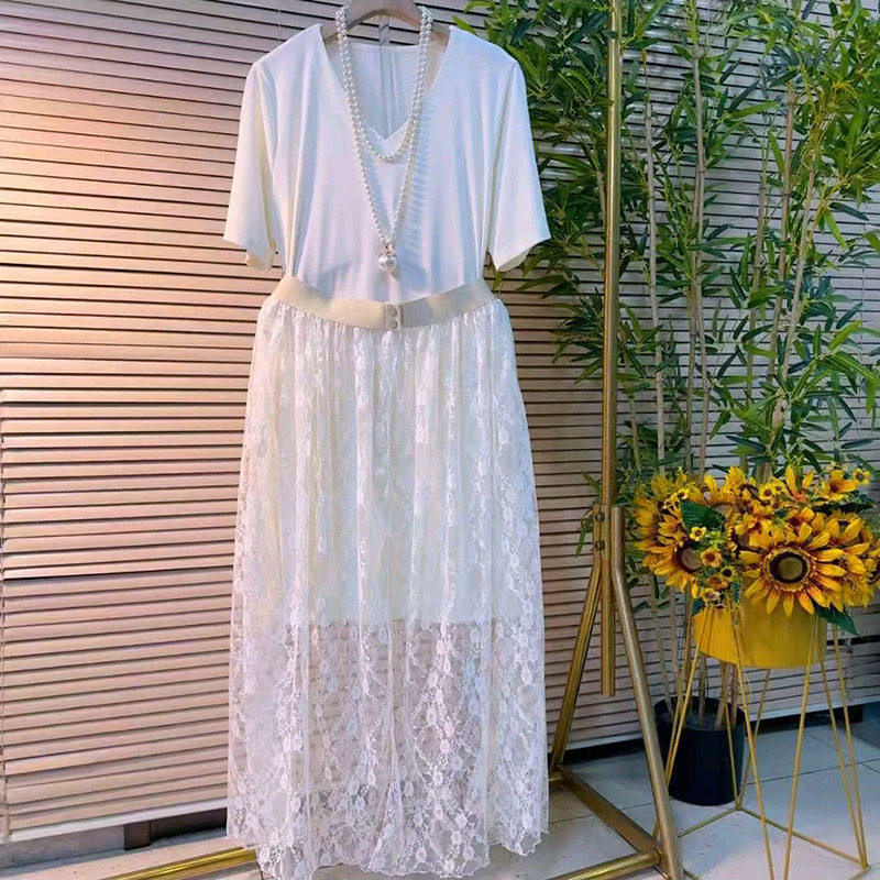 设计感蕾丝半身外搭裙半袖长衫时尚套装夏季新款胖妹妹大码女装潮