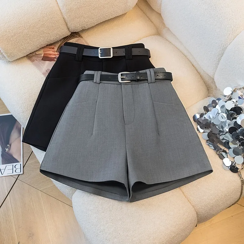 灰色西装短裤女夏季小个子外穿高腰显瘦宽松休闲a字阔腿打底裤子