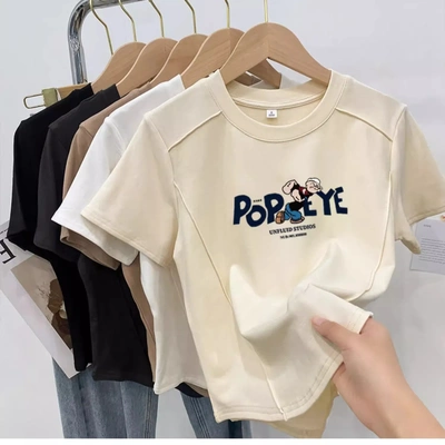 圆领正肩短袖t恤女鱼骨短款体恤 夏季修身上衣通勤风修身显瘦