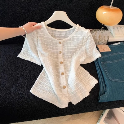 法式高级感重工肌理感衬衣女夏季2026年新款别致短款衬衫短袖上衣