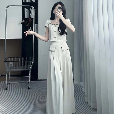 高端品质法式套装夏季流行气质设计感显瘦小香风上衣阔腿裤子