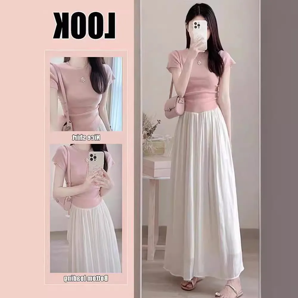 夏季小个子盐系穿搭粉色短袖上衣半身裙气质轻熟小香风两件套装女