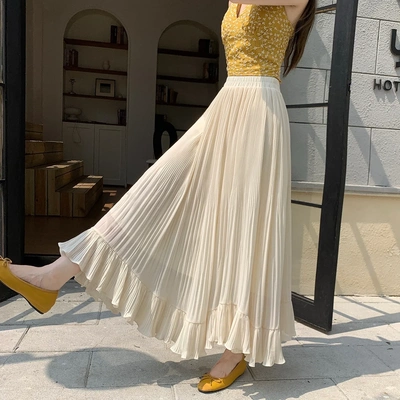 雪纺百褶裙半身裙女夏季2026新款休闲a字大摆伞裙木耳边垂感长裙