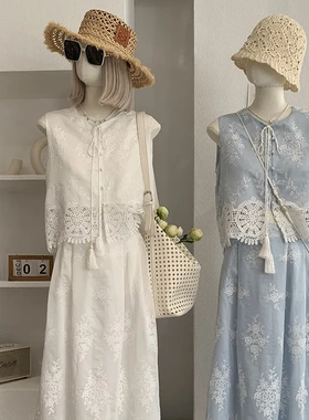 欧玛莱 系带镂空蕾丝无袖背心上衣 高腰显瘦半身裙两件套实拍7113