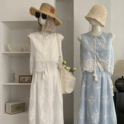 欧玛莱 系带镂空蕾丝无袖背心上衣 高腰显瘦半身裙两件套实拍7113