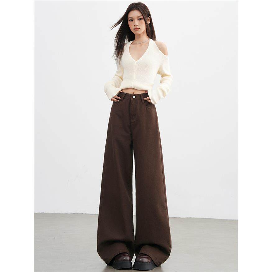 高级垂感咖色阔腿牛仔裤女秋冬2025新款高腰宽松高个子直筒裤