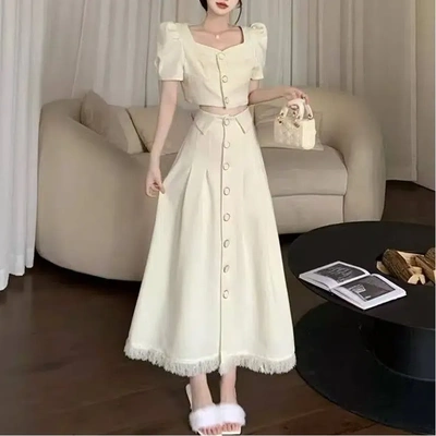 夏季法式赫本风黑色连衣裙女泡泡袖短款上衣流苏高级感长裙子套装