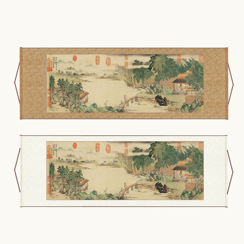 清代上睿携琴访友图卷轴画横幅书房民宿装饰画真迹微喷山水国画