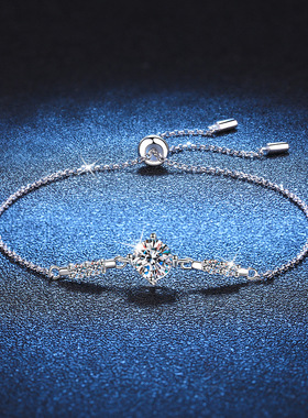 s925纯银手镯女小香风简约四爪手环女可调节莫桑石D色1克拉手链女