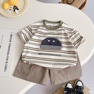 短袖 儿童夏季 短裤 两件套休闲韩版 男童时尚 帅气短袖 条纹套装