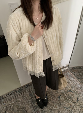 韩系圆领丝绒棉服女秋冬宽松泡泡灯笼袖短款夹棉下摆网纱拼接外套