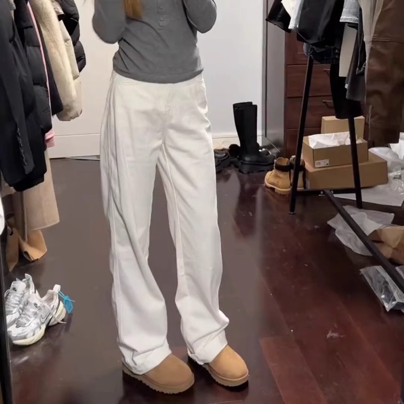 175高个子加长裤子180牛仔裤阔腿宽松女秋冬直筒高腰显瘦加绒白色