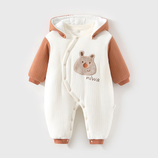 婴儿连体衣a类纯棉加厚连帽冬季男女宝宝衣服哈衣外出服320g一岁