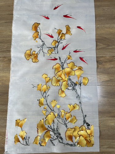 纯手工刺绣 1/4丝50*100银杏九鱼新中式入户玄关客厅走廊装饰画芯