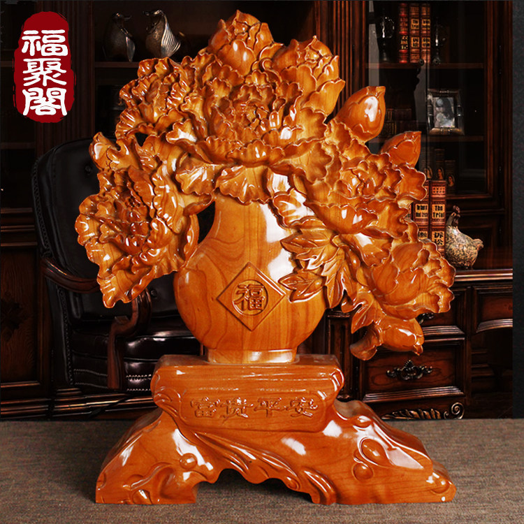 花开富贵桌面摆件桃木工艺礼品