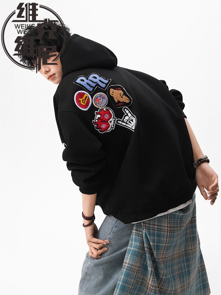 勋章植绒刺绣卫衣男2025秋季新款美式潮牌休闲宽松慵懒风连帽外套
