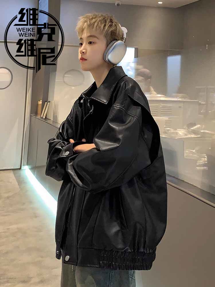 美式皮衣外套男士2025年春季新款潮牌痞帅高级感拼接机车pu皮夹克