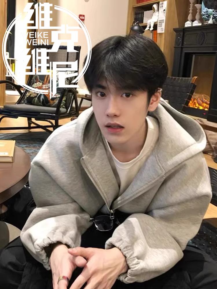 美式重磅开衫拉炼卫衣男秋冬季潮牌痞帅垫肩硬挺加绒加厚连帽外套