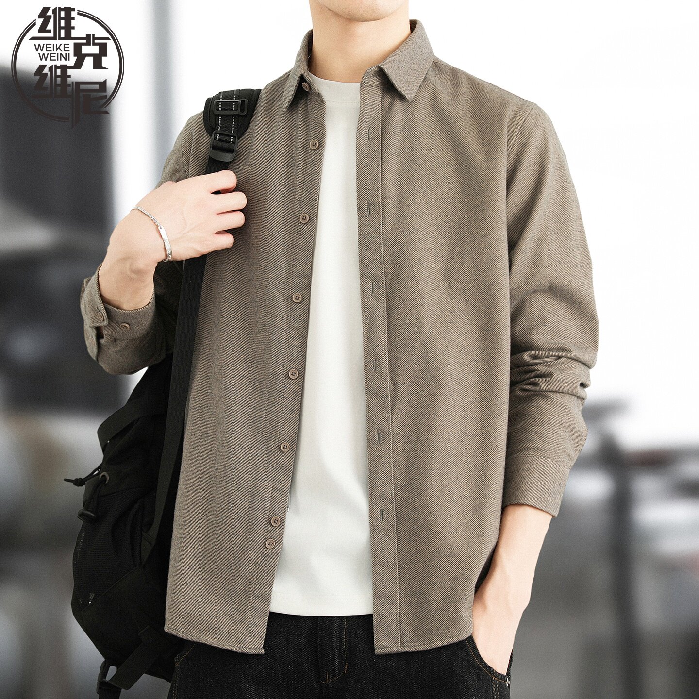 磨毛长袖衬衫男士2025秋冬新款商务休闲宽松加厚复古翻领衬衣外套