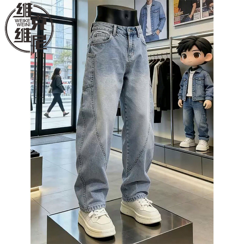斜切牛仔裤男士夏季新款美式潮牌宽松直筒弯刀裤窄版休闲工装长裤