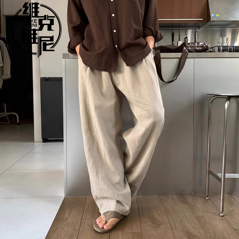 亚麻休闲裤男士2025夏季新款美式潮牌宽松直筒棉麻薄款阔腿拖地裤