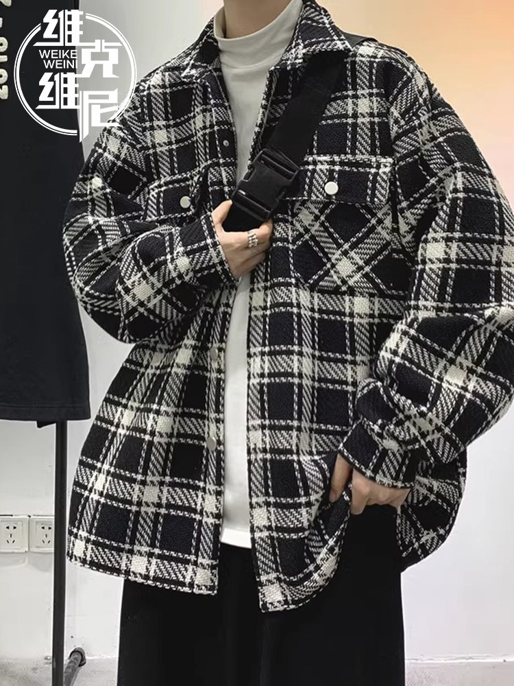 格子毛呢外套男士秋冬季2025新款潮牌痞帅休闲宽松千鸟格男装夹克