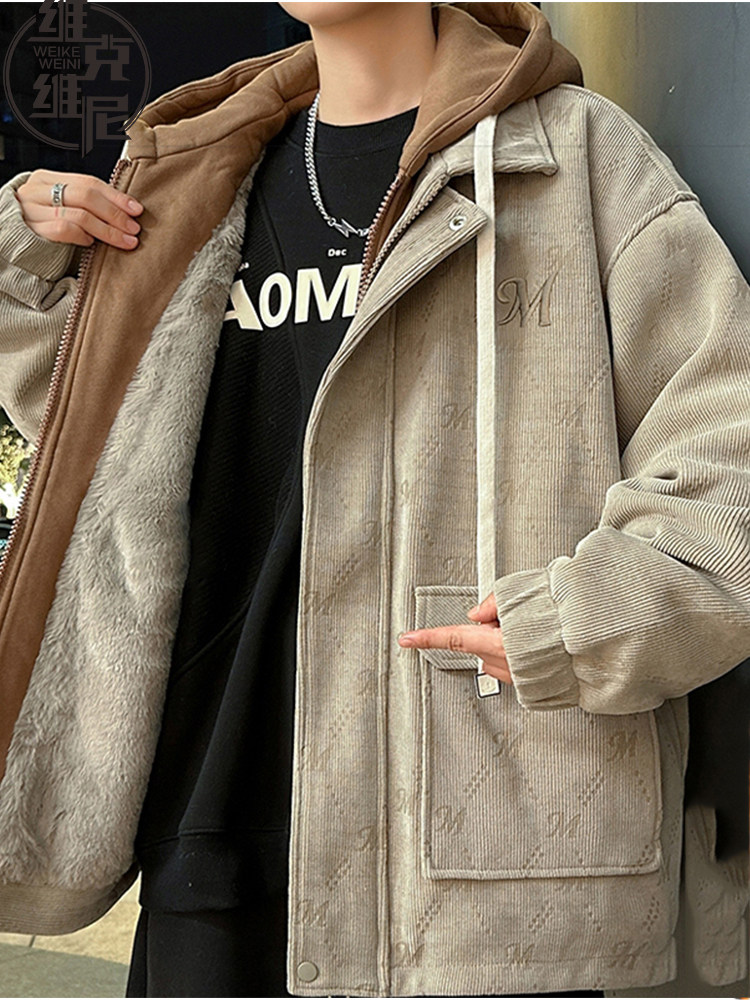 灯芯绒棉衣外套男冬季加绒加厚派克服美式潮牌覆古休闲青少年夹克