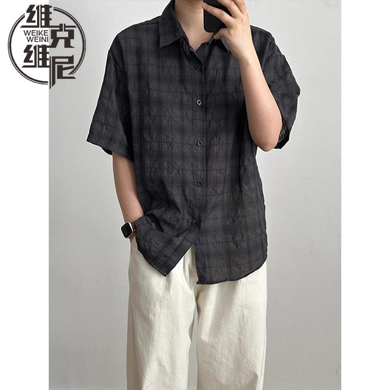 深灰色格子衬衫男士夏季新款美式潮牌复古休闲慵懒松弛感短袖衬衣