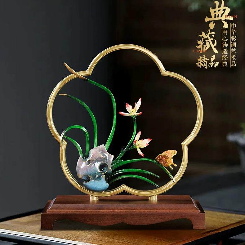 黄铜蝶恋花新中式兰花客厅玄关铜装饰工艺品摆件新房搬家礼品