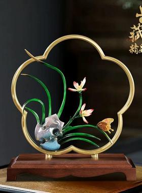黄铜蝶恋花新中式兰花客厅玄关铜装饰工艺品摆件新房搬家礼品