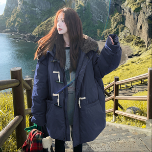 OneSession 韩系90白鸭羽绒服女中长款巴恩工装牛角扣羊羔毛外套